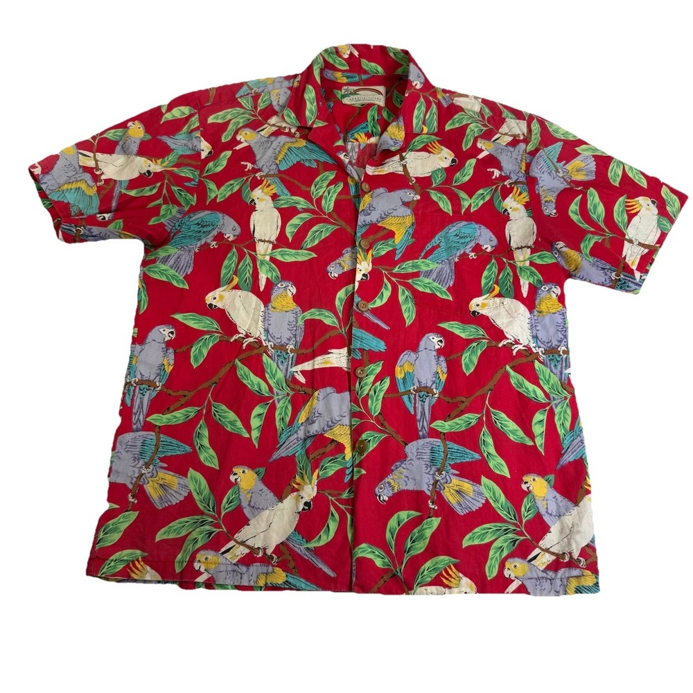 Paradise Found Shirt Mens Medium Red Excellent 1980s Parrot Cockatoo Hawaiian